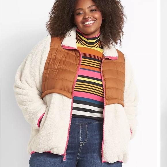 LANE BRYANT UGC Women’s Size 14/16 Brown Cream Puffer Jacket with Pink Accents - Picture 2 of 15